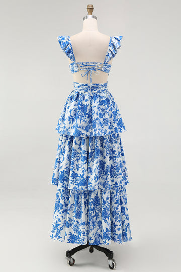 Blue Floral A Line Tiered V Neck Long Bridesmaid Dress
